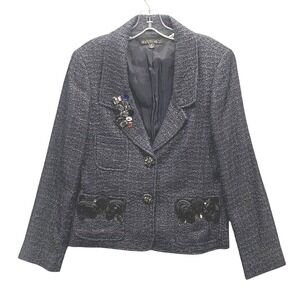 Lafayette 148 New York Tweed Blazer Women's 8 Navy Beaded Floral Jacket